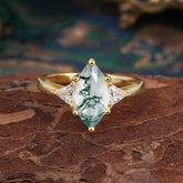 Marquise Cut Three Stone Moss Agate Engagement Ring Anniversary Gift for Women